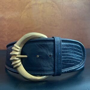DONNA KARAN Black Leather Belt with Gold Buckle